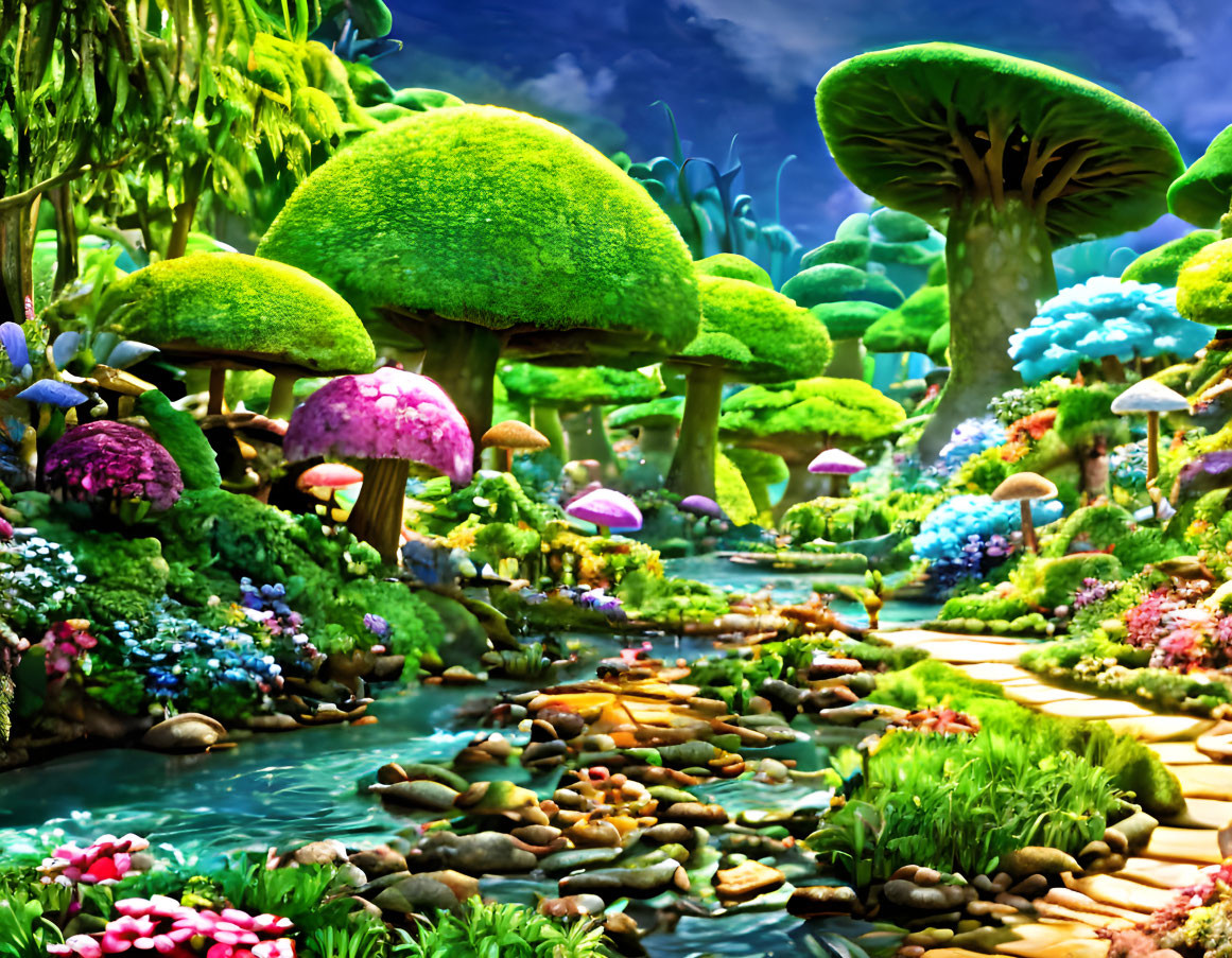 Colorful fantasy landscape with oversized mushroom trees and a meandering stream