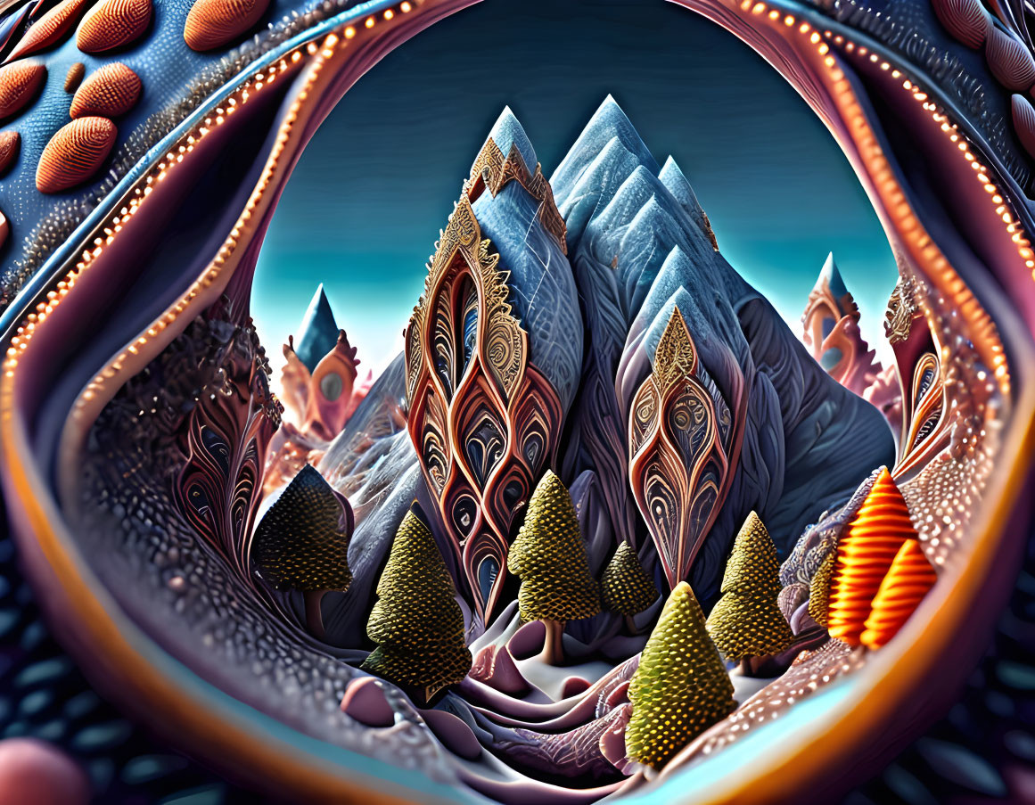 Vibrant fractal landscape with surreal mountains & patterned trees