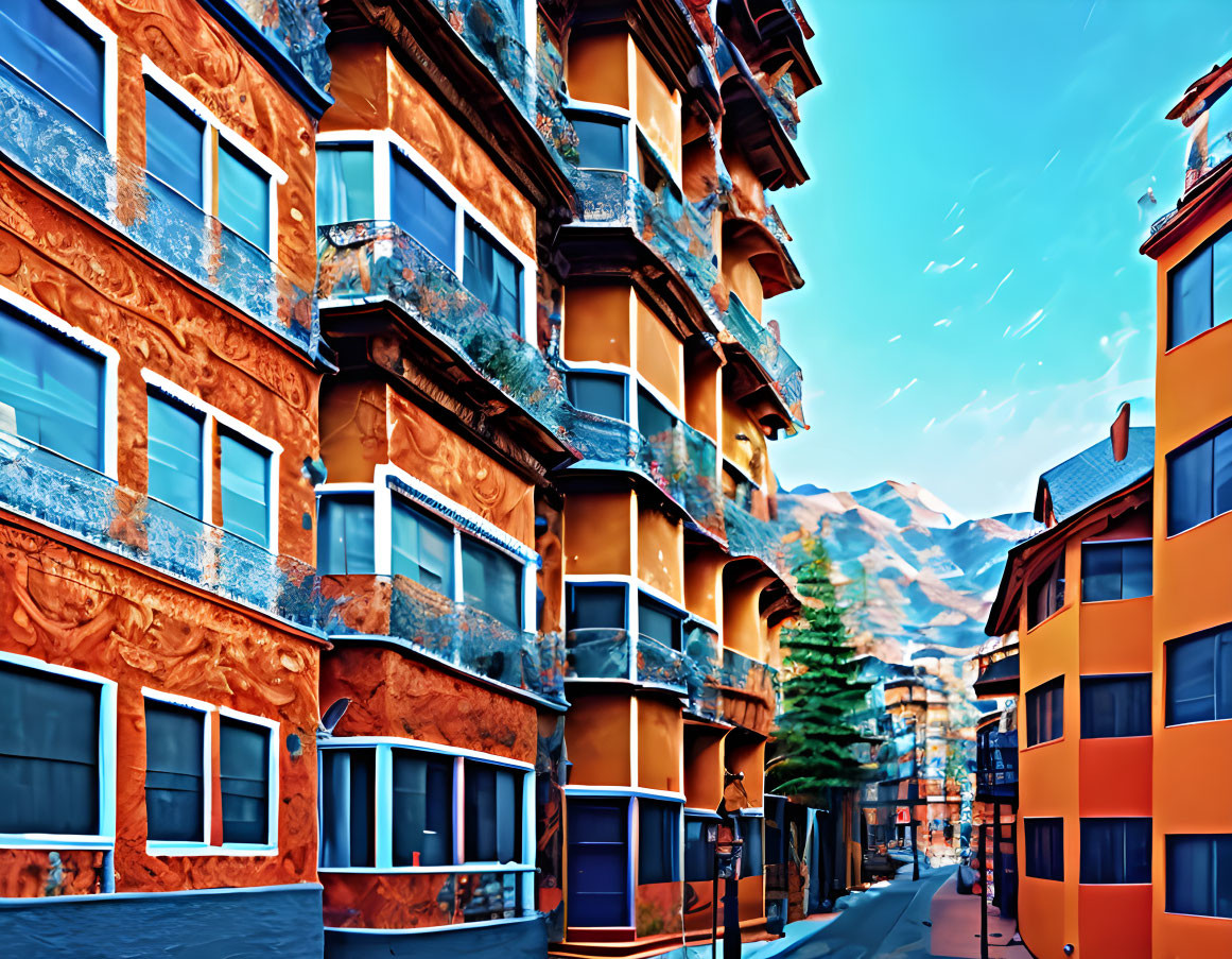 Colorful orange and blue buildings on narrow street with mountain backdrop and streaked blue sky.