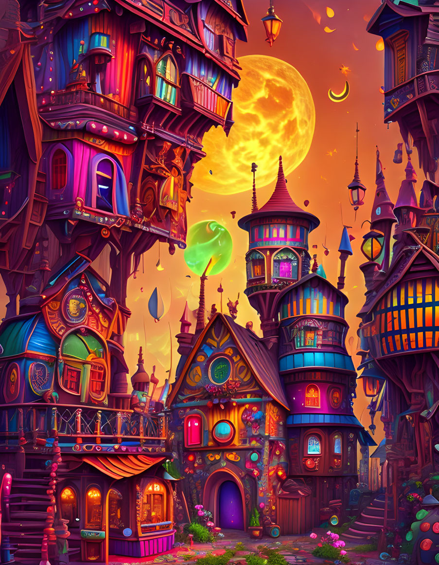 Whimsical fantasy town at twilight with vibrant colors and swirling clouds