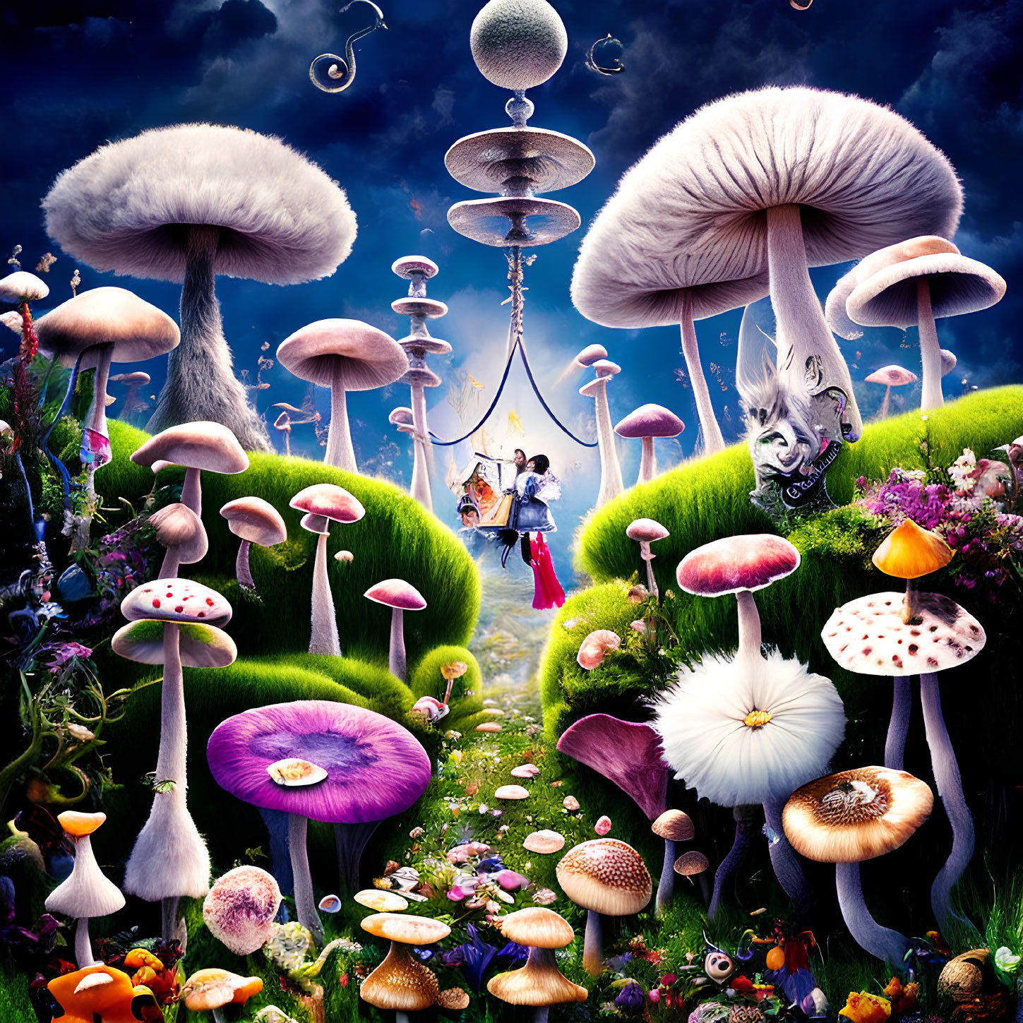 Whimsical landscape with oversized mushrooms and chandelier in sky