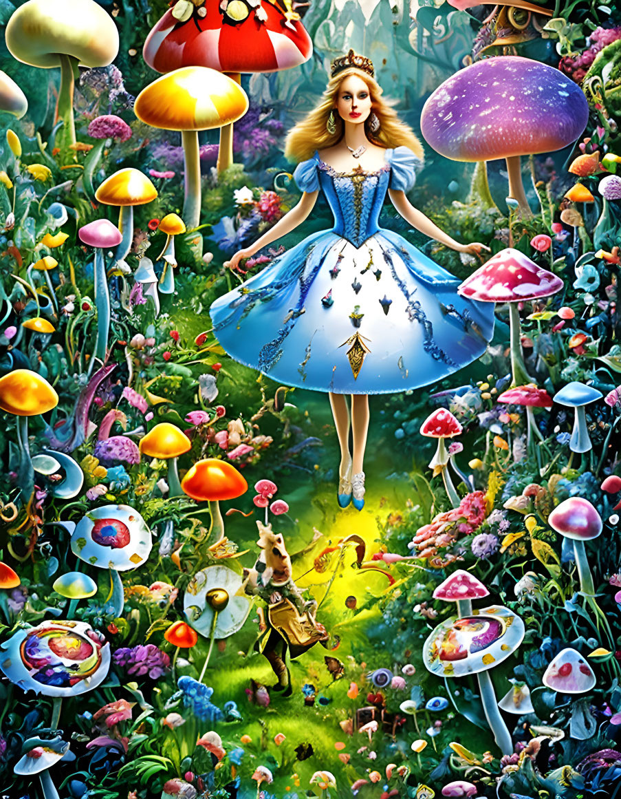 Woman in Alice in Wonderland costume with oversized mushrooms, flowers, and white rabbit in jacket.