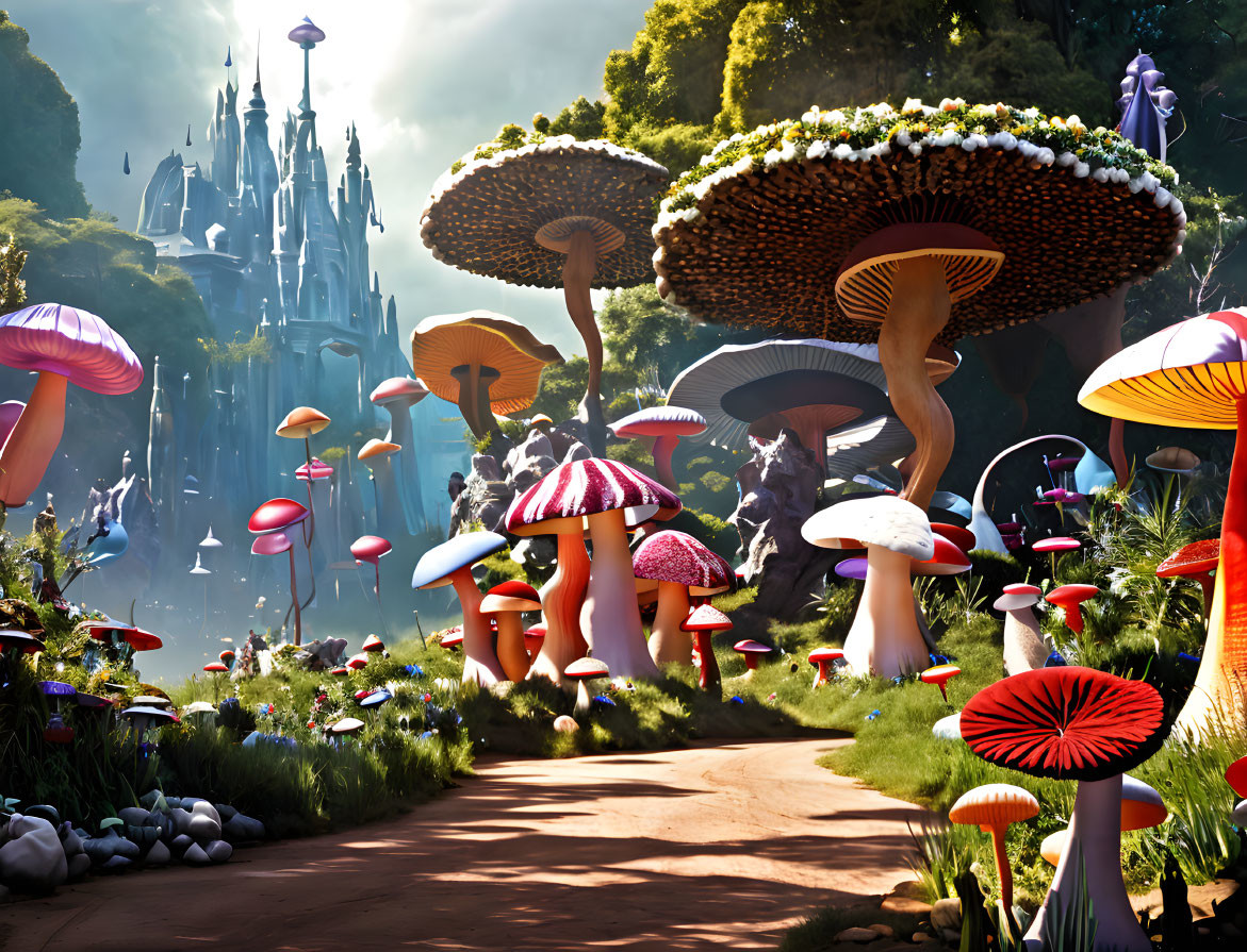 Colorful Giant Mushrooms in Fantasy Landscape with Winding Path to Castle