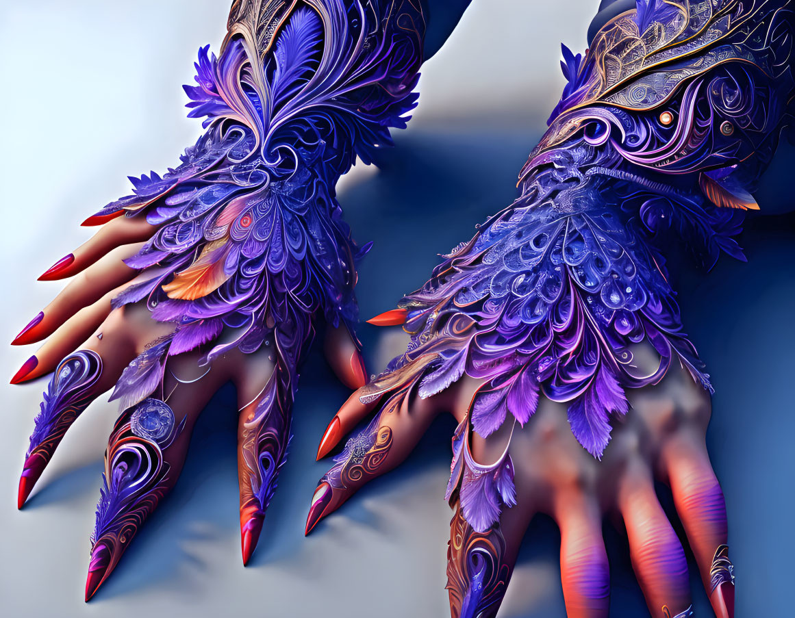 Purple and Gold Peacock Feather Arm and Hand Jewelry with Red-Tipped Nails