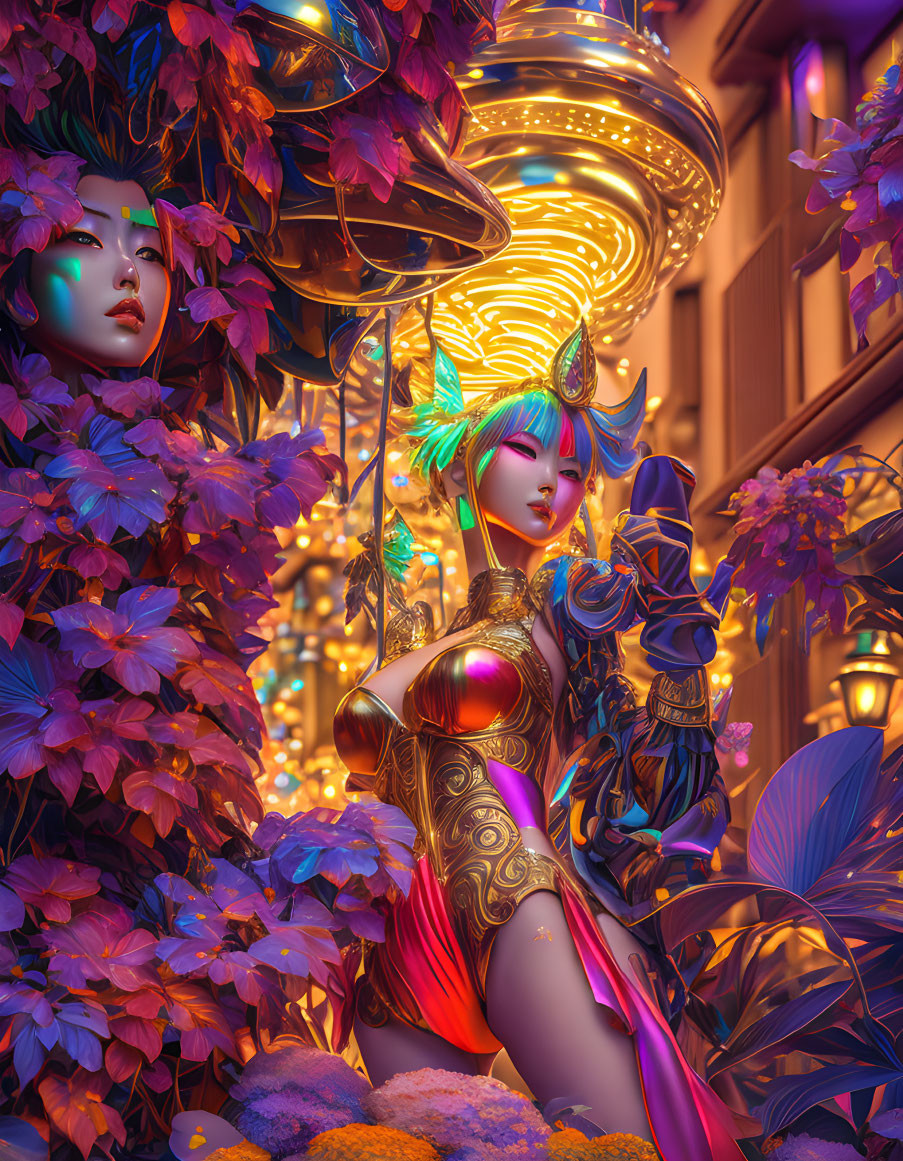 Vibrant alley scene with colorful fantastical female characters