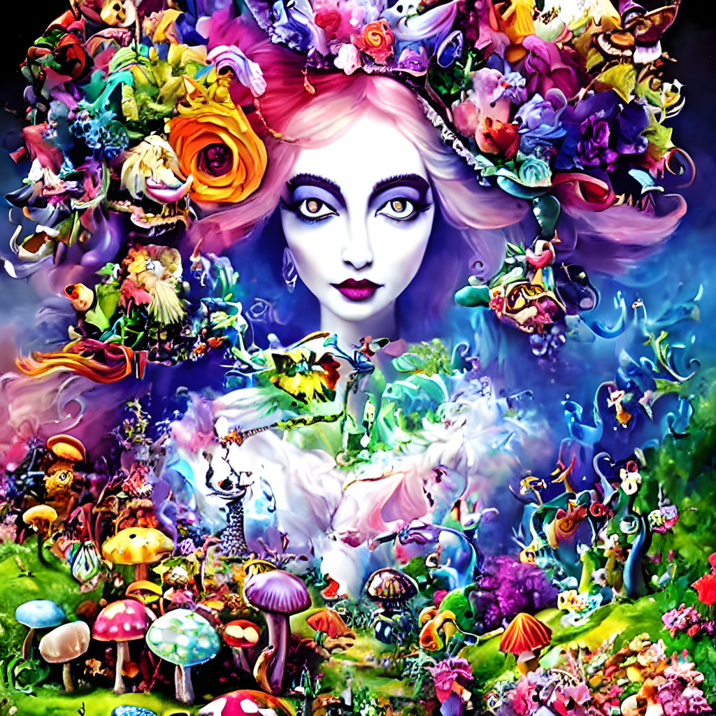 Colorful whimsical woman surrounded by floral and faunal elements on kaleidoscopic backdrop