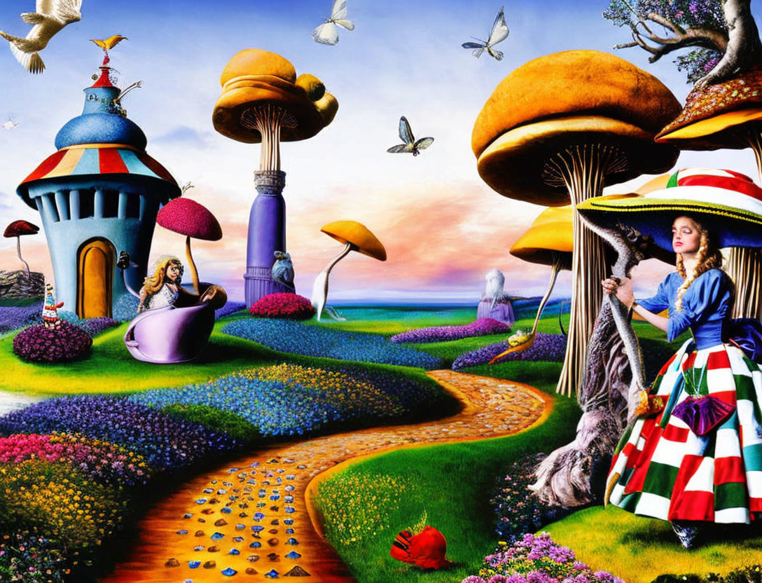 Colorful whimsical landscape with oversized mushrooms and people engaged in fantastical activities