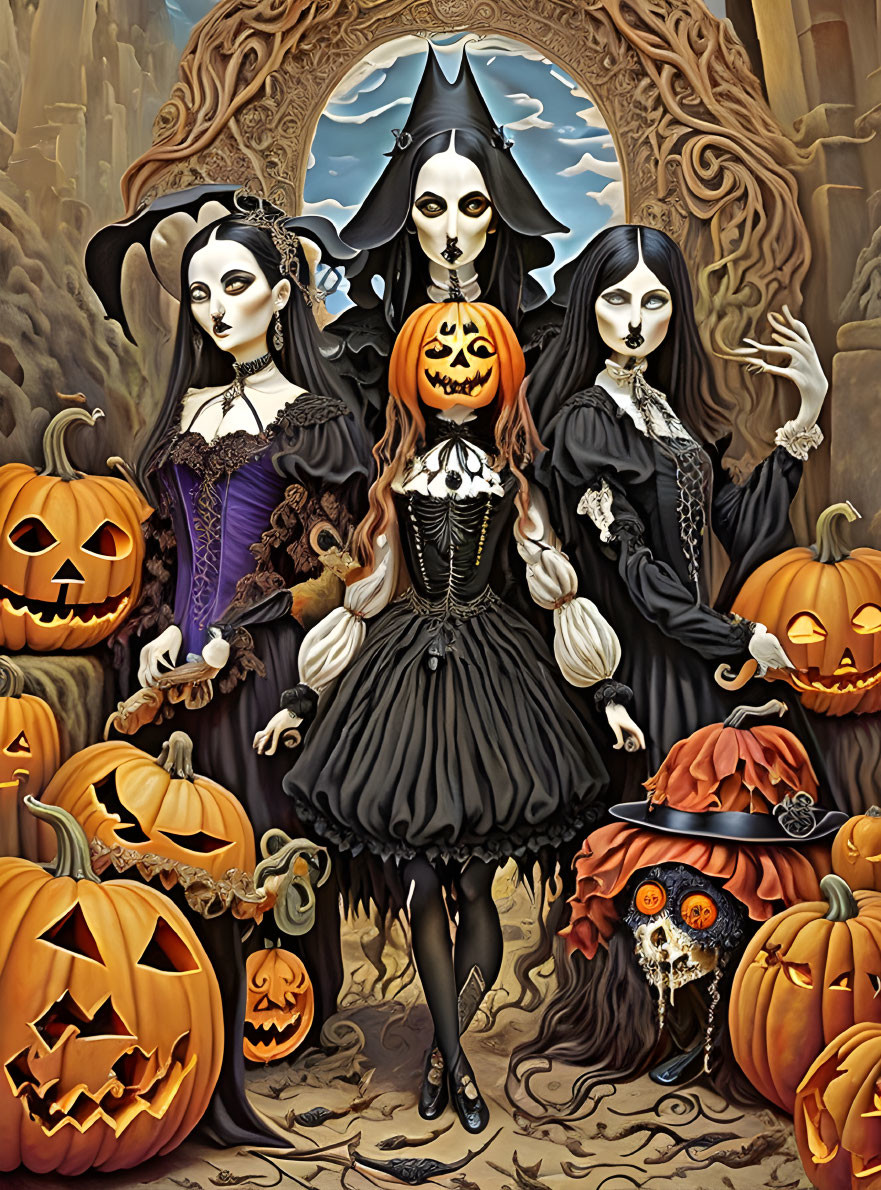 Gothic women in Victorian dresses with pumpkin head, surrounded by carved pumpkins