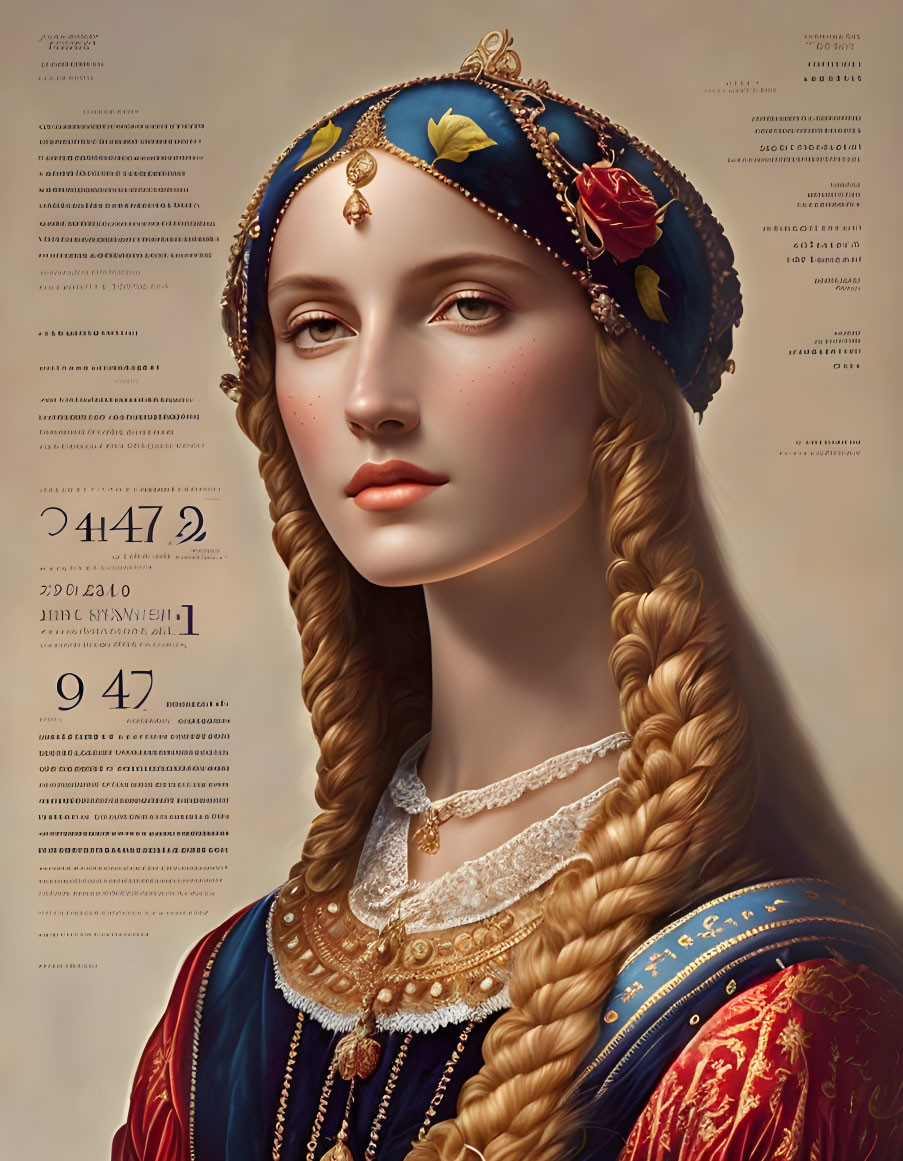 Digital artwork: Woman with braided hairstyle in renaissance dress and jeweled headpiece