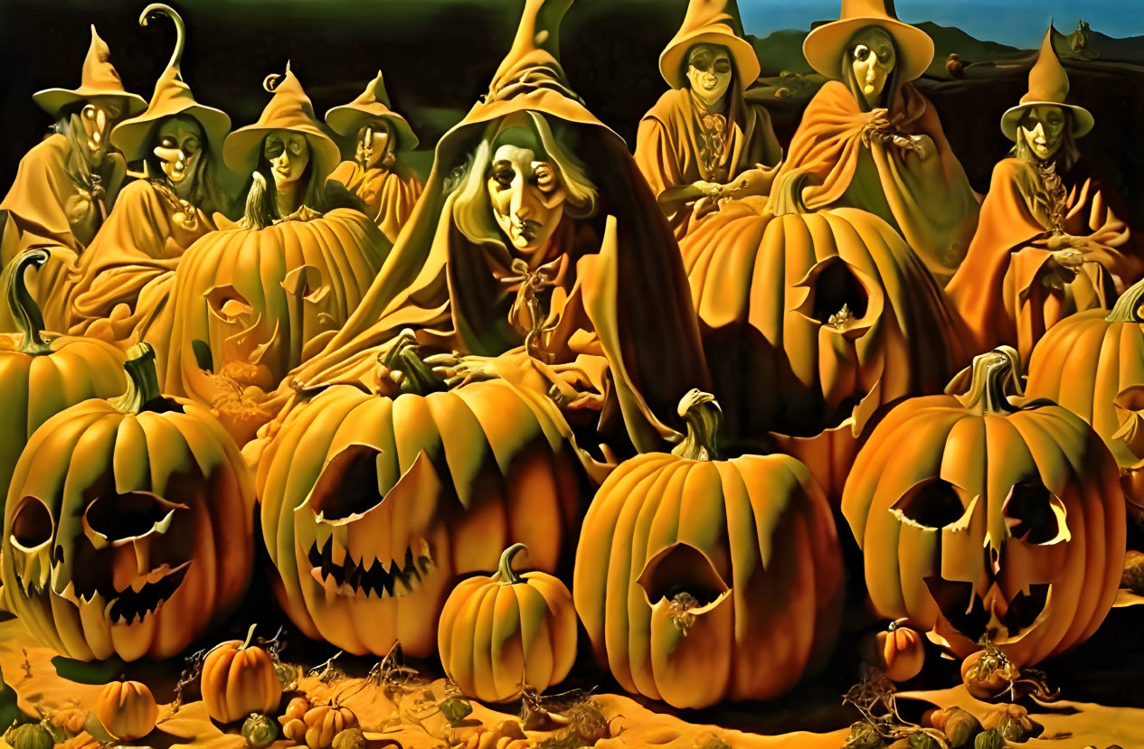 Eerie pumpkin-headed characters with witch hats in spooky Halloween scene.