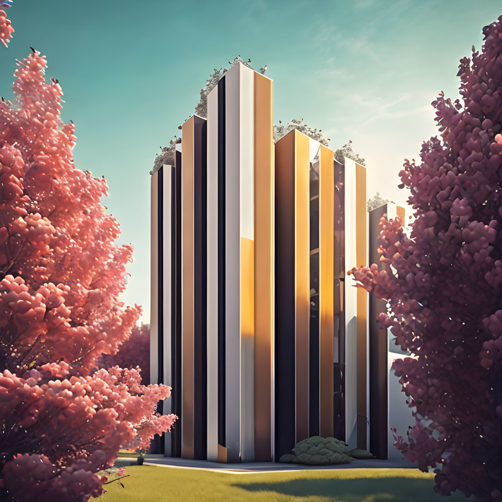 Contemporary building with vertical lines amidst pink flowering trees and clear sky