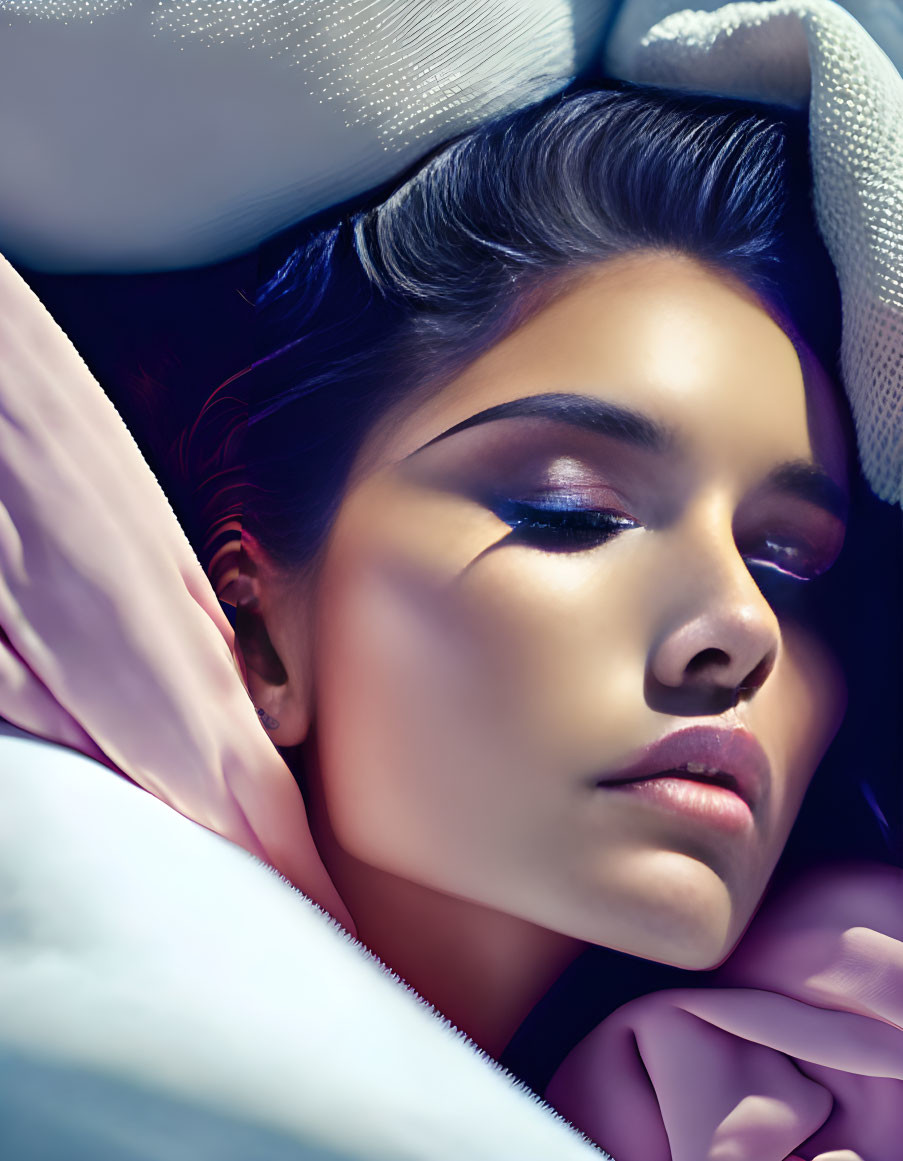 Woman with dramatic makeup surrounded by soft fabrics under cool blue light