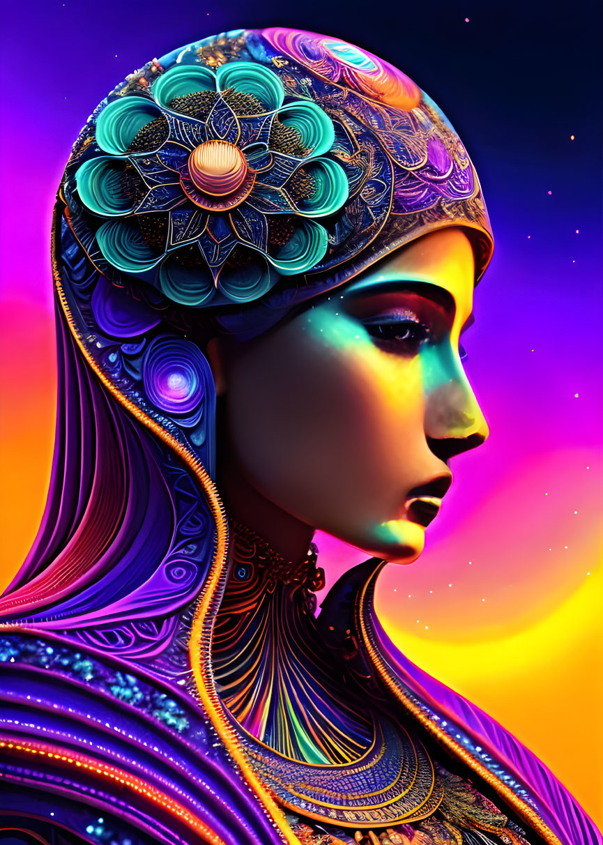 Colorful Woman Portrait with Intricate Patterns on Neon Background