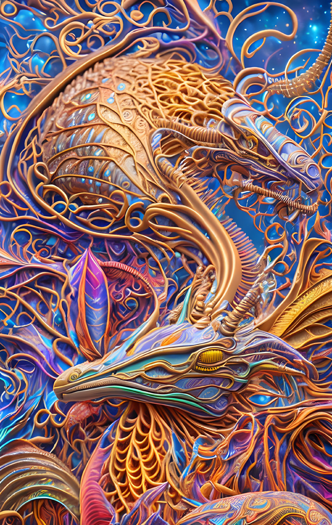 Colorful digital artwork: Intertwining dragon-like creatures with ornate scales and feathers against cosmic