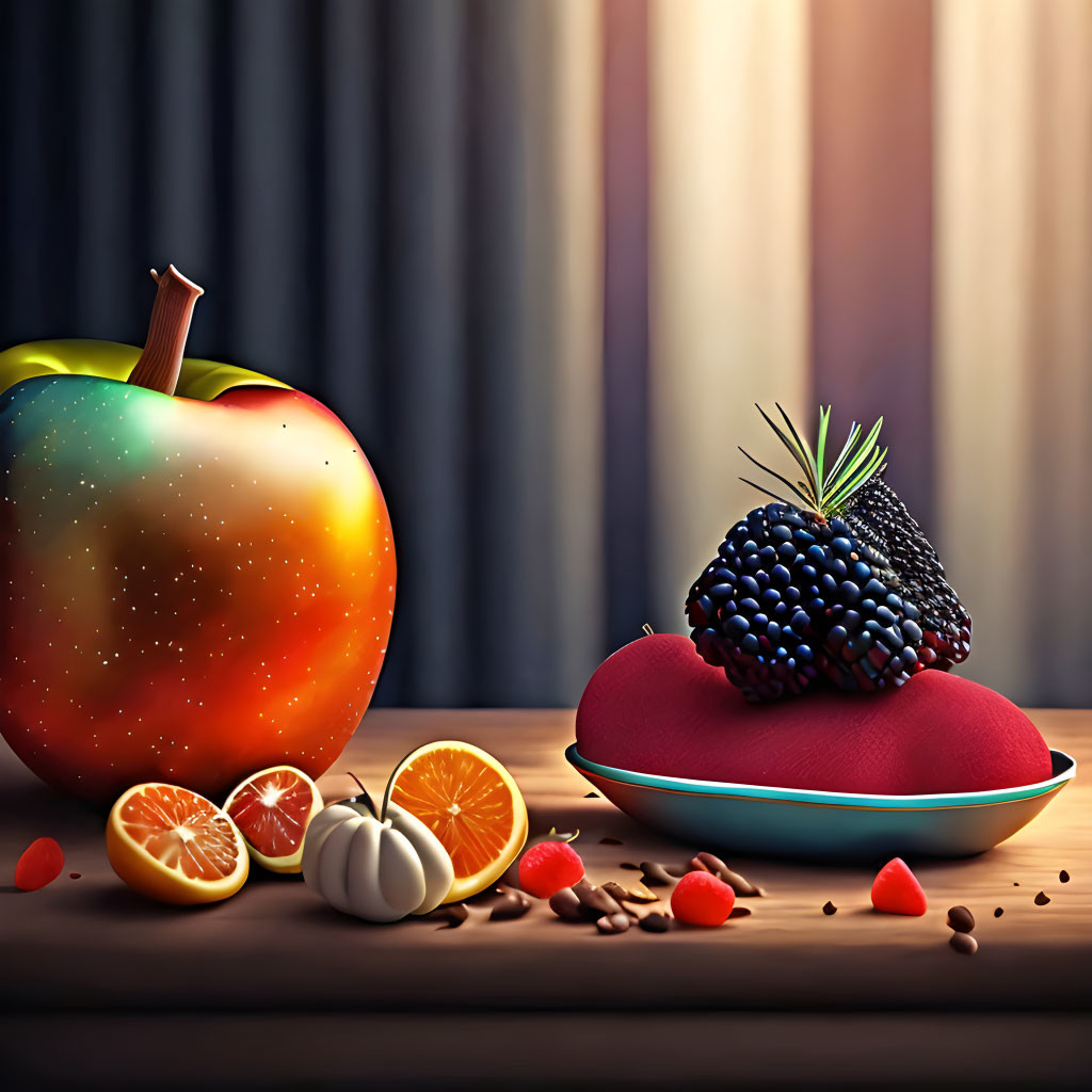 Colorful fruit and nuts on table with draped curtain background