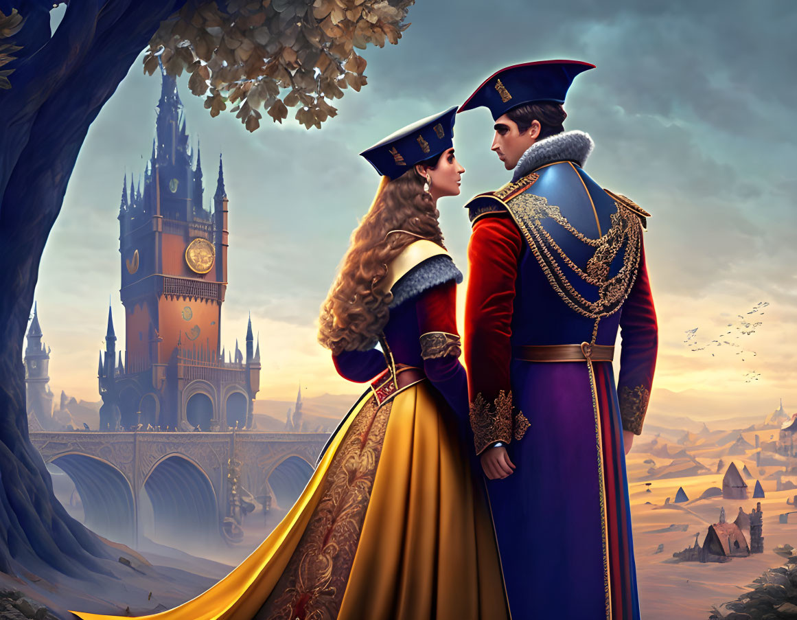 Regal animated characters in sunset scene with castle and bridge