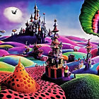 Colorful landscape with castle, creatures, and trumpet-shaped plant