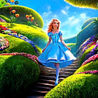 Colorful illustration: Young woman in blue dress strolling through vibrant garden.