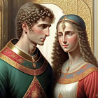 Medieval-themed digital illustration of a man and woman in ornate attire with regal expressions and detailed