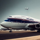 Commercial airplane on runway with flying aircraft in background