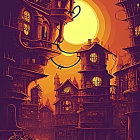 Medieval town scene with crooked buildings, large moon, and flying witches at twilight