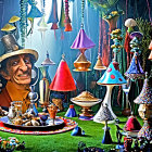 Colorful whimsical scene with man in top hat and mushroom decorations