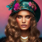 Portrait of woman with wavy hair in teal hat with pink roses and jewels on gradient background