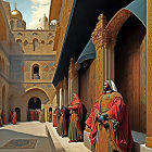 Regal individuals in palace courtyard with arches & golden domes