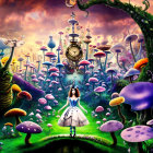 Vibrant surreal landscape with oversized mushrooms and floating clocks.
