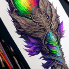 Colorful feather transitioning from red to purple with artist pencils on a table