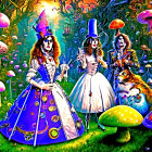 Whimsical Alice in Wonderland characters with oversized mushrooms in vibrant forest.