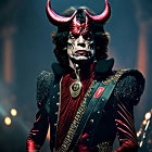 Elaborate Red and Black Costume with Horns in Dimly Lit Setting