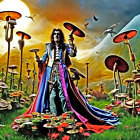 Colorful Outfit Person Surrounded by Giant Mushrooms and Floating Objects under Dramatic Sky