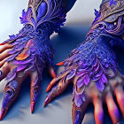 Purple and Gold Peacock Feather Arm and Hand Jewelry with Red-Tipped Nails