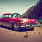 Vintage Pink Car and Quail in Deserted Road Scene