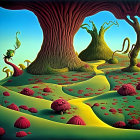 Surreal landscape with oversized mushrooms and undulating trees on green hills