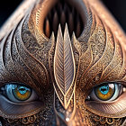 Detailed Digital Art: Metallic Owl Patterns Surrounding Unique Human Eyes