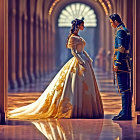 Regal bride in white and gold gown with groom in blue uniform in ornate hall