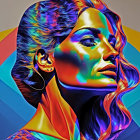 Colorful digital artwork: Woman with flowing neon hair on geometric backdrop