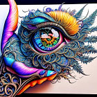 Detailed illustration of vibrant eye with colorful feather-like patterns and reflection of figure in pupil.