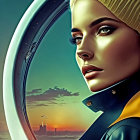 Woman in yellow beanie and blue jacket by spaceship window with futuristic cityscape.