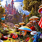 Colorful Mushroom Landscape with Fairytale Castle in the Distance