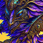 Colorful fantasy creature with gold and blue plumage and intricate details.