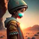 Colorful Child Illustration in Decorated Helmet and Cape Against Desert Sunset