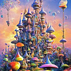 Fantastical mushroom castle with floating jellyfish and whimsical flora