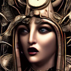 Detailed Steampunk-Style Illustration of Humanoid Face with Mechanical Helmet