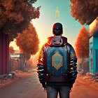 Vibrant jacket person in street with autumn trees and floating lantern at sunset.