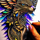 Detailed Mythological Creature Illustration with Wings Being Drawn in Colorful Style