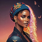 Portrait of woman with ombre pink hair, colorful headwrap, golden earrings, and butterflies.