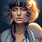 Short Wavy Hairstyle, Fur Trim Jacket & Layered Necklaces Portrait